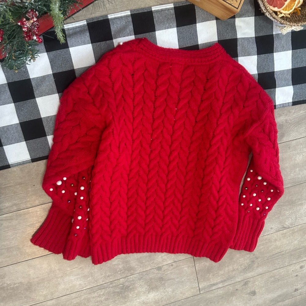 New BiBi Luxury Pearl & Rhinestone Chunky Knit Holiday Cardigan Grannycore Small - Picture 12 of 16